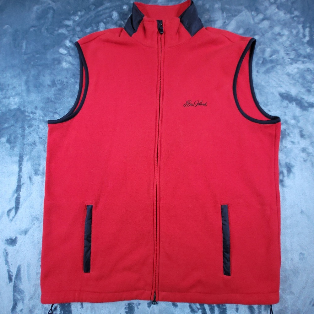 Polo Golf Ralph Lauren Mens Red Fleece Vest Sea‎ Island Full Zip Large Mock Neck